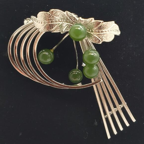 Jade Abstract Brooch Silver Tone Leaf Pin Green Stone Vintage 1960s Modernist - Picture 5 of 9